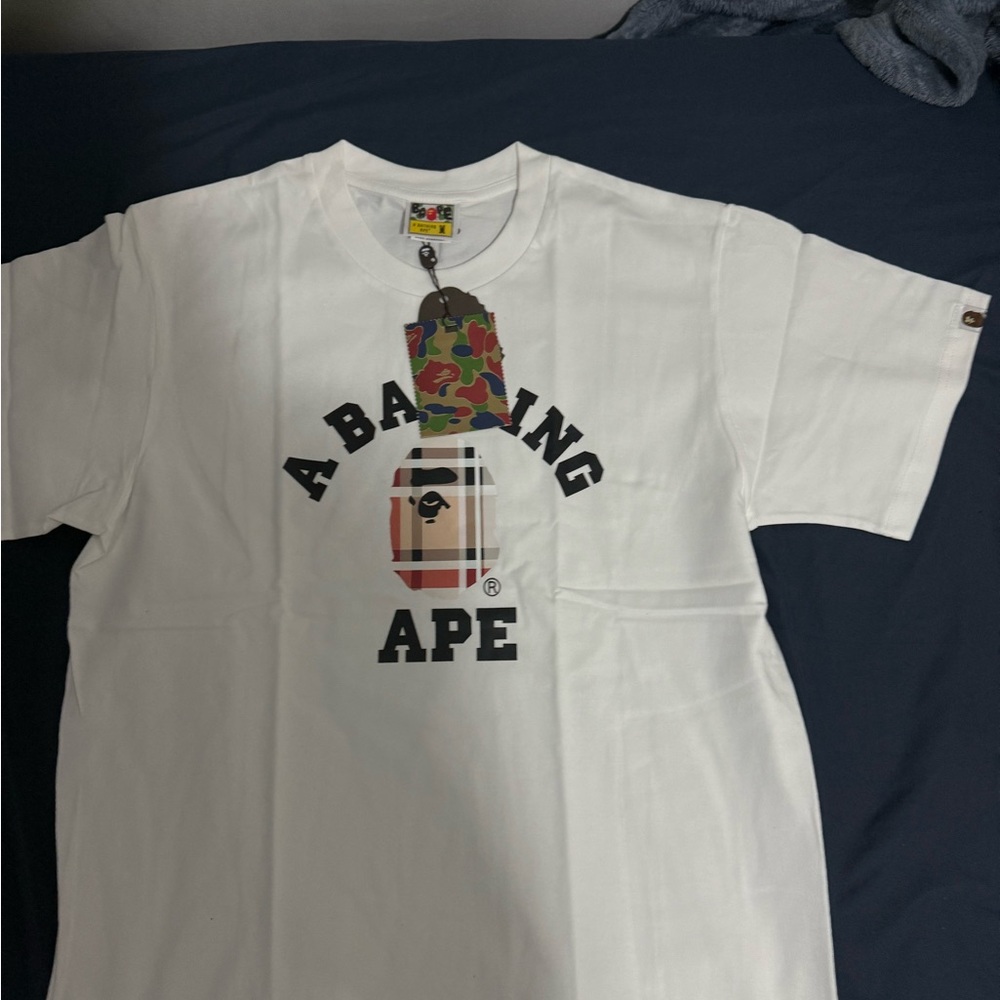 Bape White T-Shirt with Plaid Ape Logo